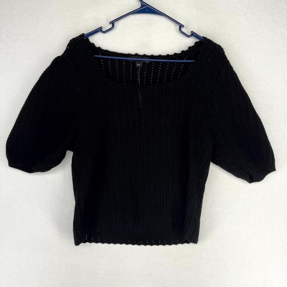 Ann Taylor Black Knit Short Sleeved Blouse with Balloon Sleeve Womens Size L NEW